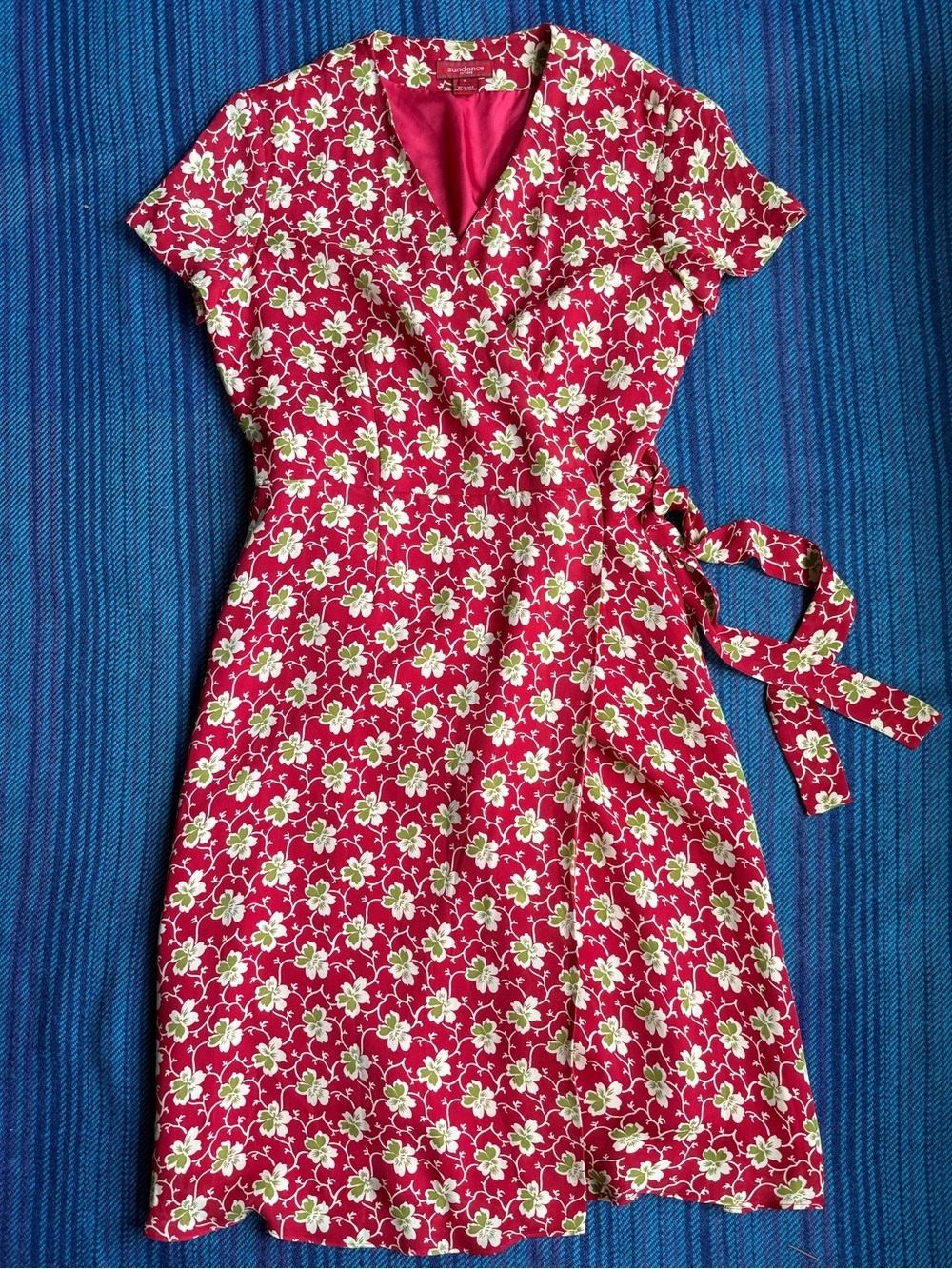Sundance Silk Floral Wrap Midi Dress with Red, Green & Cream Accents